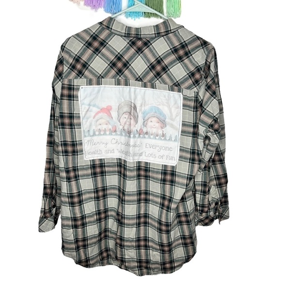 Wild Blue Tops - Wild Blue Sadie Robertson Green Plaid Back Patch Upcycled Christmas Shacket XL